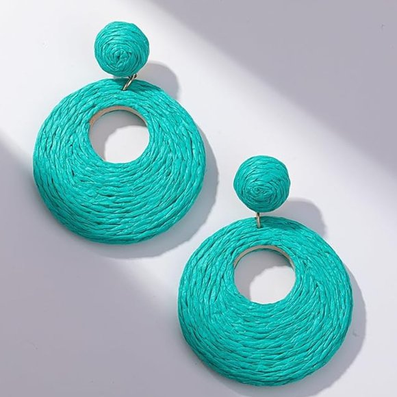 Teal Blue Rattan Earrings Chunky Wicker Raffia Dangle Hoop Beachy Vacation New - Picture 4 of 8
